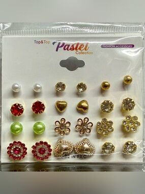 Top & Top Pastel Collection 12-Pair Mixed Stud Earrings Set Gold Tone